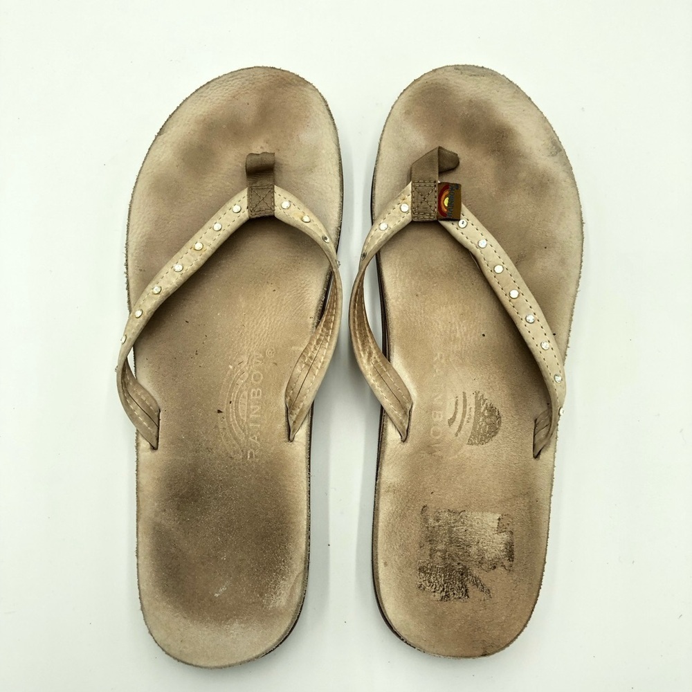 Women’s Rainbow Beige Leather with Rhinestone Double Sole Sandals Size 11